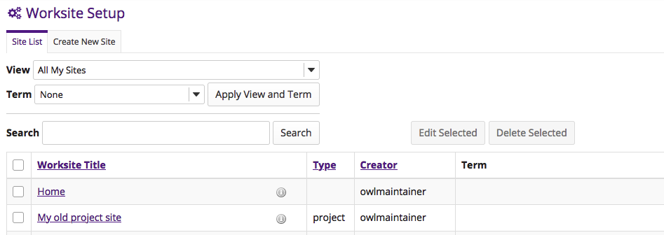 Screenshot of the Worksite Setup in OWL listing your sites.