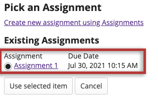 Screenshot of the 'create a new assessment' button in the Assessment Link menu.