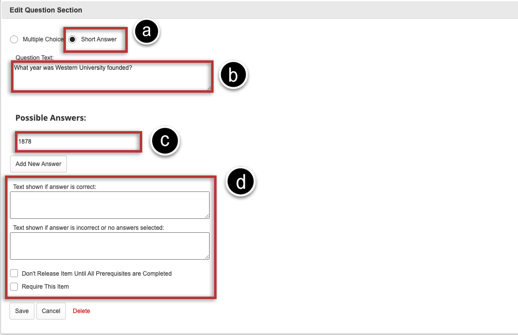 Screenshot of the Question settings window.