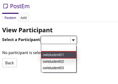 Screenshot of the username dropdown in the view participant window with student usernames listed.