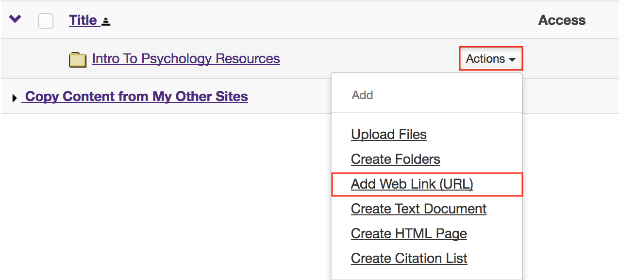 Click Actions, then Add Web Links (URLs).