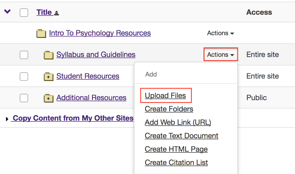 Click Actions, then Upload Files.
