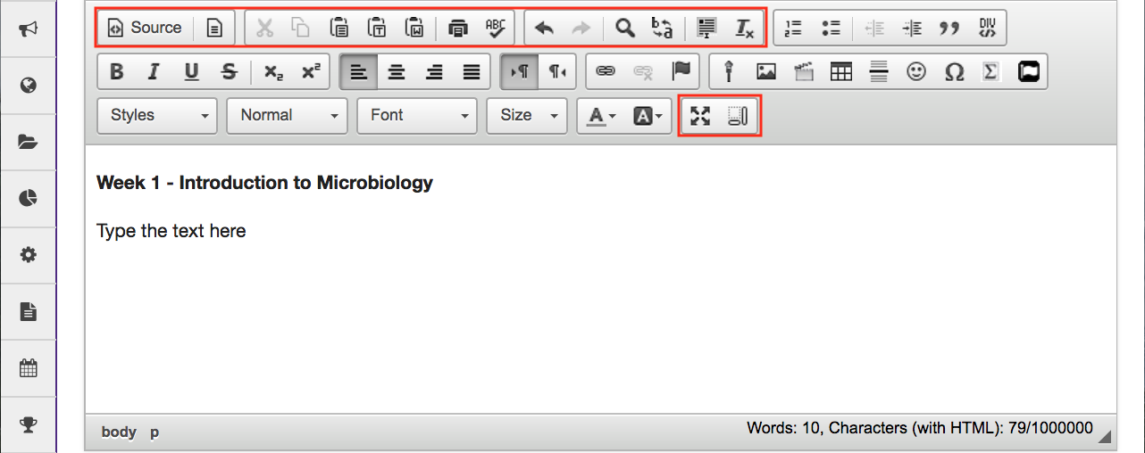 Rich-text editor toolbar with the editor tools highlighted.