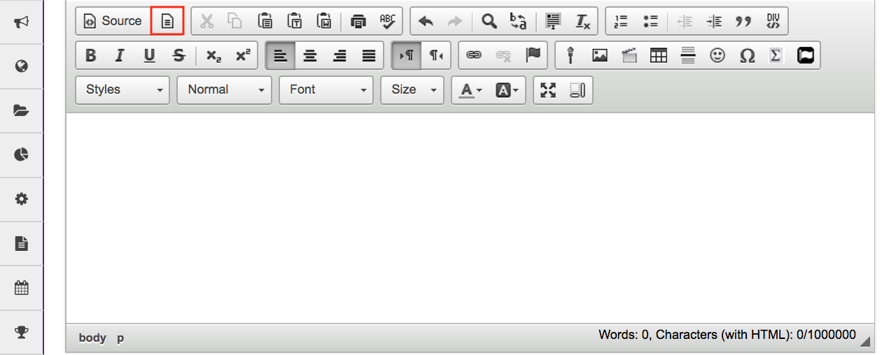 A screenshot of the rich text editor with the Template button outlined.”