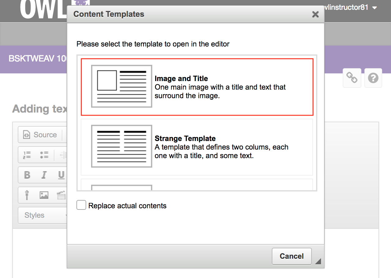 A screenshot of the Content Templates screen with the Image and Title template selected.