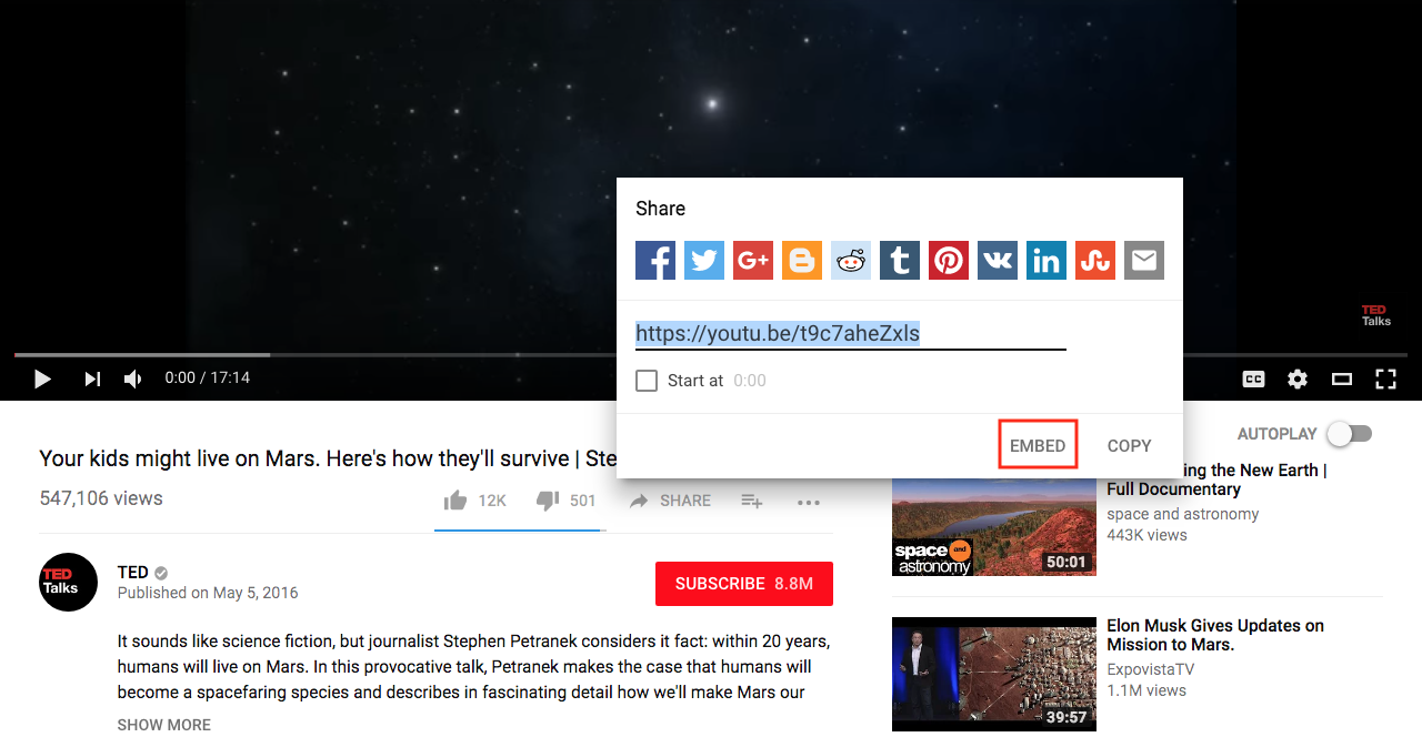 Screenshot of the youtube share options with Embed highlighted.