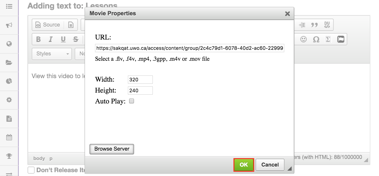 Screenshot of the movie properties window with the OK button highlighted.