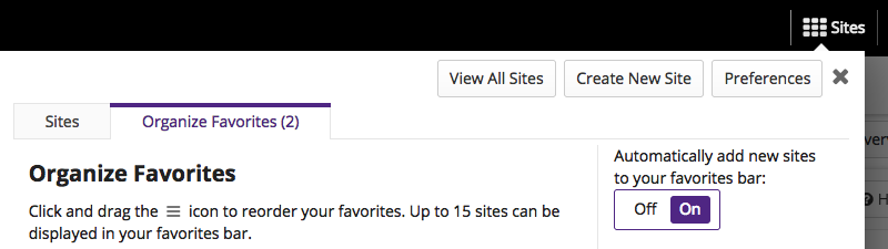 Organize Favorite Sites screenshot displaying Sites drawer.