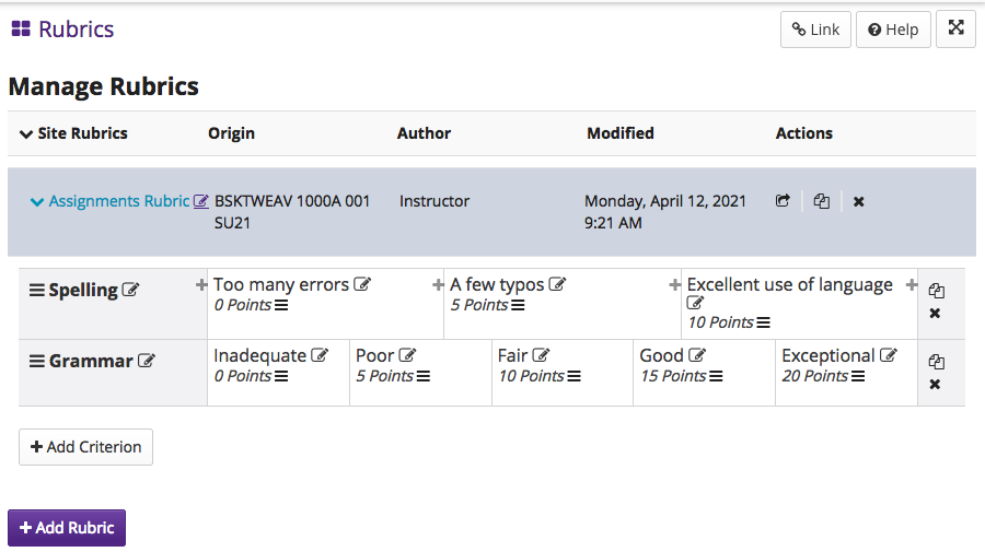 Screenshots of OWL Rubrics tool