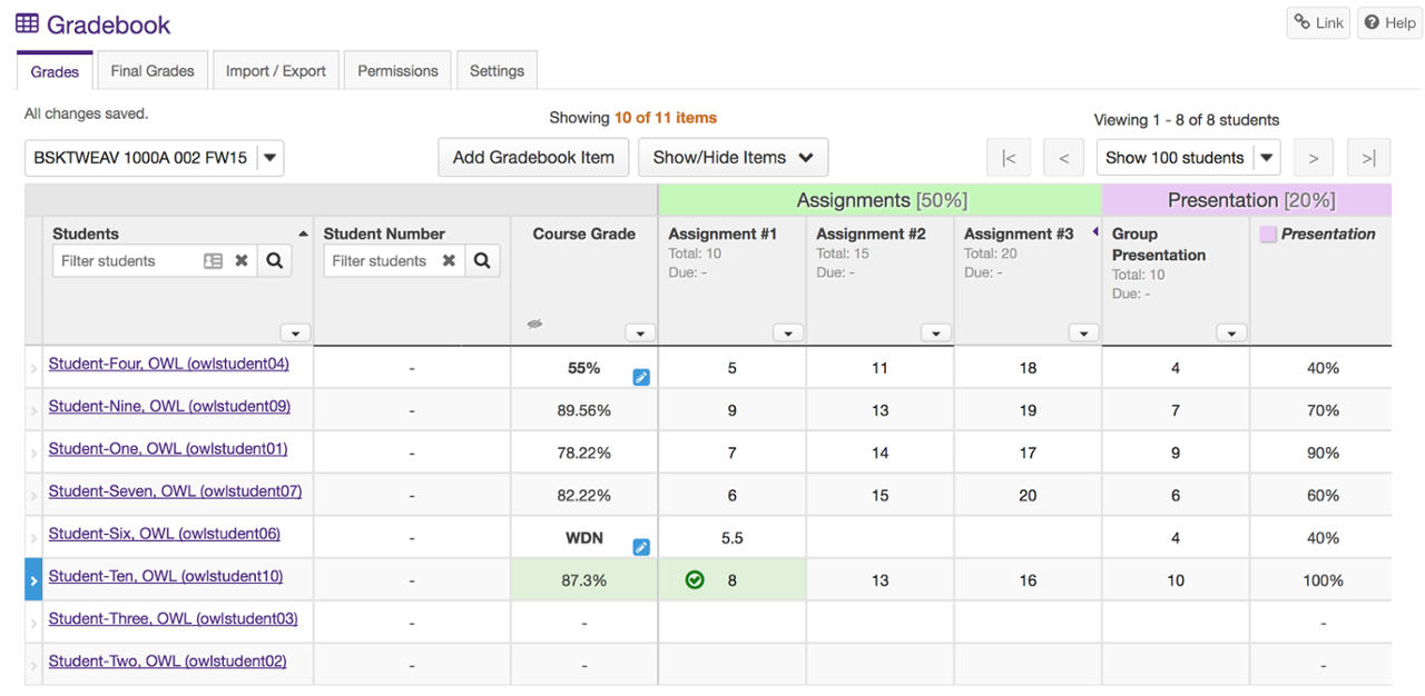 Screenshot of the new gradebook with a spreadsheet like interface