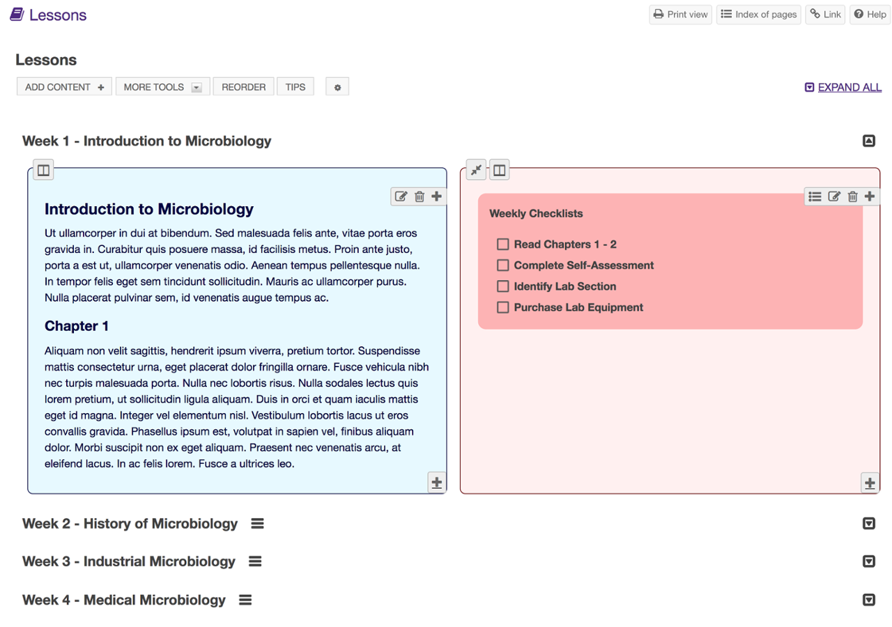 Screenshot of the new lesson builder with new elements like collapsable sections, columns, and colour templates.