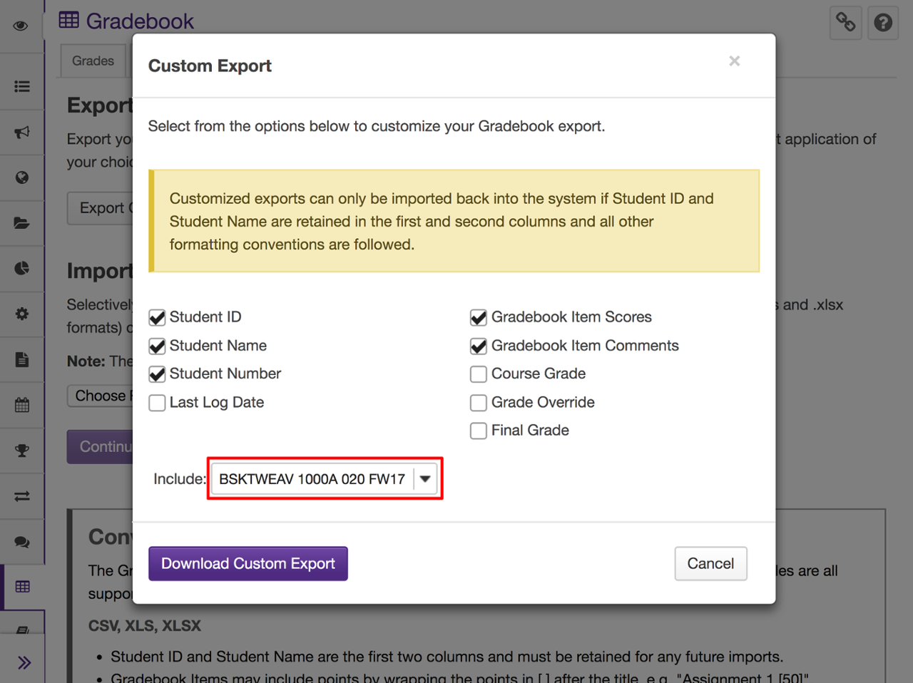 Screenshot of the gradebook export modal with the section/group dropdown menu highlighted.