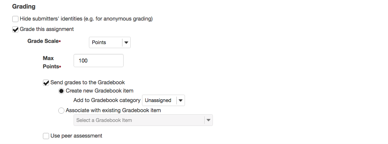 Screenshot of OWL's Add Assignment page with the grading section highlighted and expanded showing more options. 