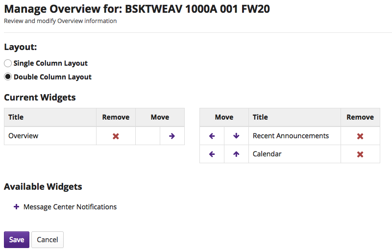 Screenshot of Manage Overview tool displaying widget layout features.