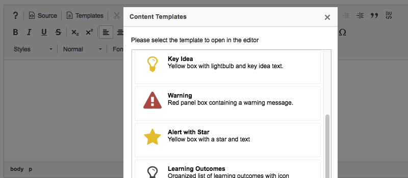 Screenshot of Rich Text Editor templates added in latest version of OWL.