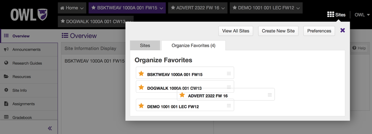 Screenshot of the Sites drawer and the drag and drop feature in Organize Favourites tab.