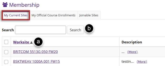 Screenshot of My Current Sites in OWL that lists all of the course sites you are enrolled in. The My Current Sites link is highlighted at the top of the page. The second column titled Worksite is labeled with  a letter 'A'. The search field is labeled with the letter 'B' at the top right side of the page.