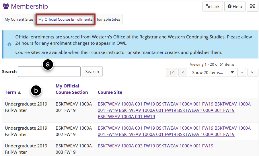 Screenshot of the My Official Course Enrolments page. A list of course sites are listed within a table. 