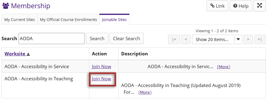 Screenshot of Joinable Sites in OWL, with a list of sites and a join link highlighted.