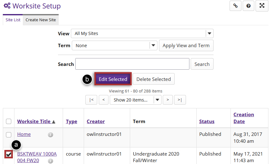Screenshot of the Worksite Setup page with one of the checkboxes selected beside a site.