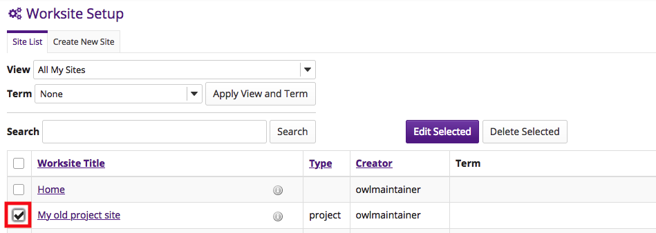 Screenshot of the Worksite Setup in OWL with the first site in the list selected