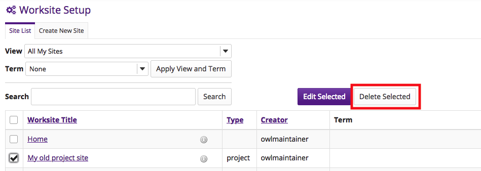 Screenshot of the Worksite Setup in OWL with the Delete Selected button highlighted