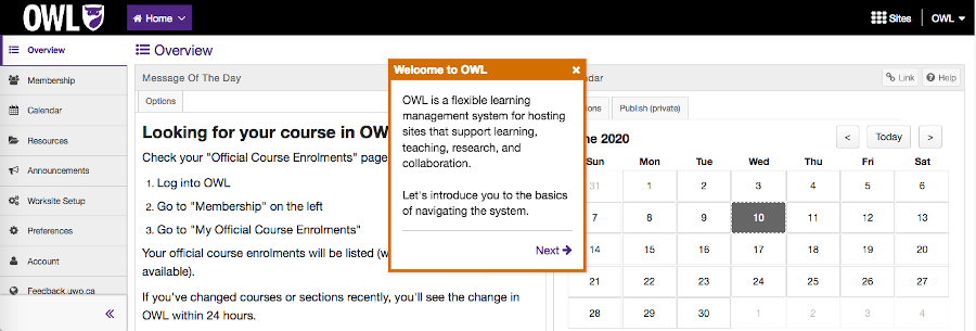 A screenshot of the OWL Home site displaying the tutorial