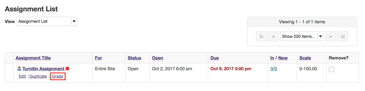 Click Grade on a Turnitin assignment.