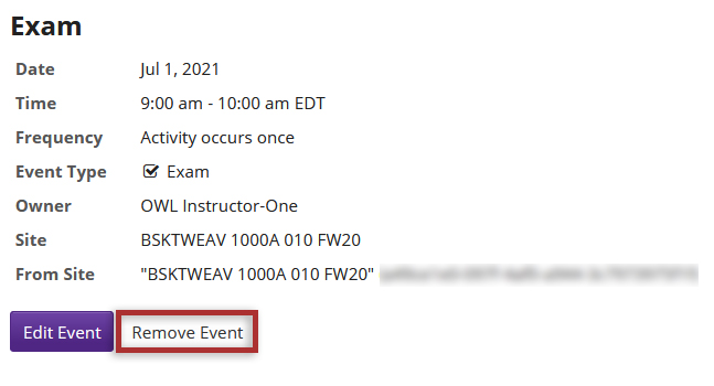 Screenshot of event view with the remove event button highlighted.