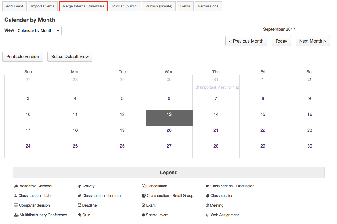 Screenshot of the calendar view with the merge internal calendars tab highlighted.