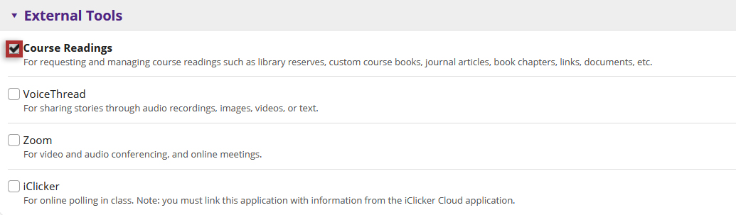 Click Course Readings checkbox in External Tools.