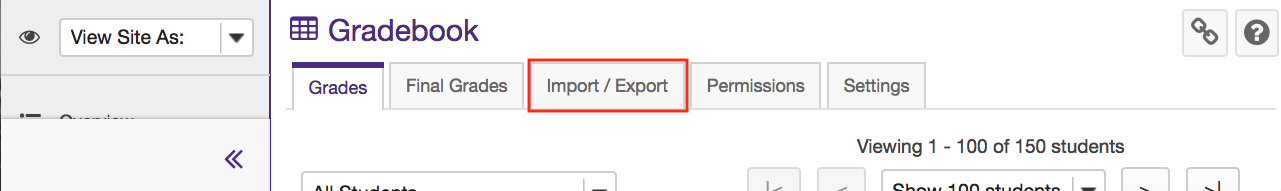 Tabs are Grades, Final Grades, Import/Export, Permissions and Settings. Import/Export is highlighted