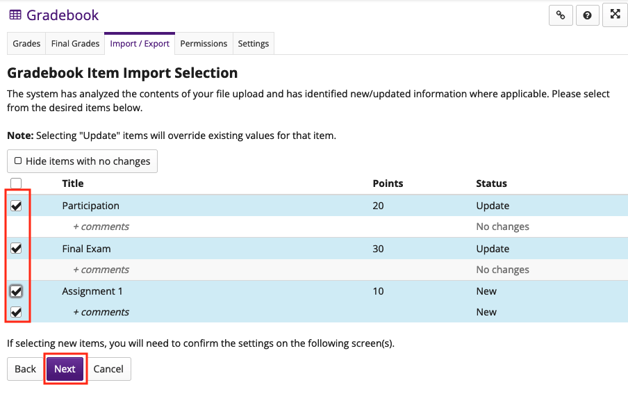 Items are shown with a checkbox, title, points and status. It is possible to choose the gradebook items you would like to import