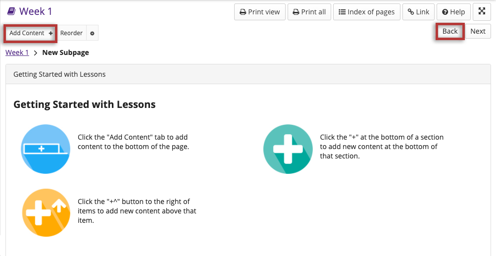 Screenshot of the default Lessons subpage.