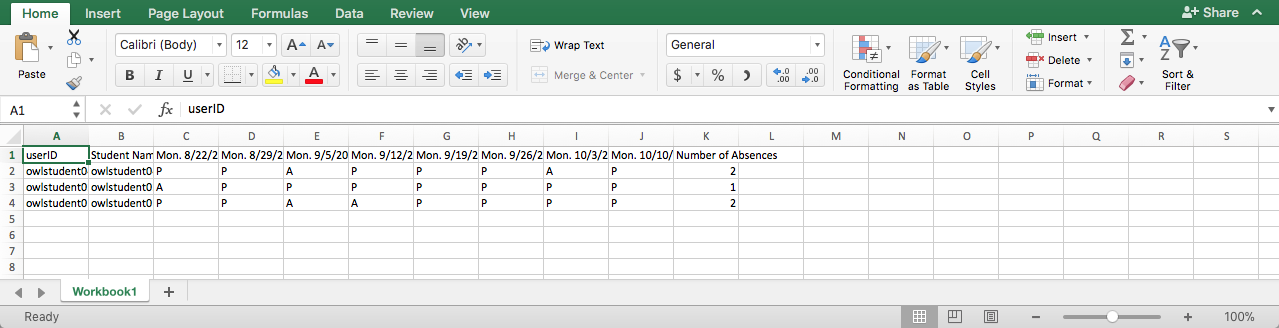 Screenshot of a properly formatted CSV file in Microsoft Excel.