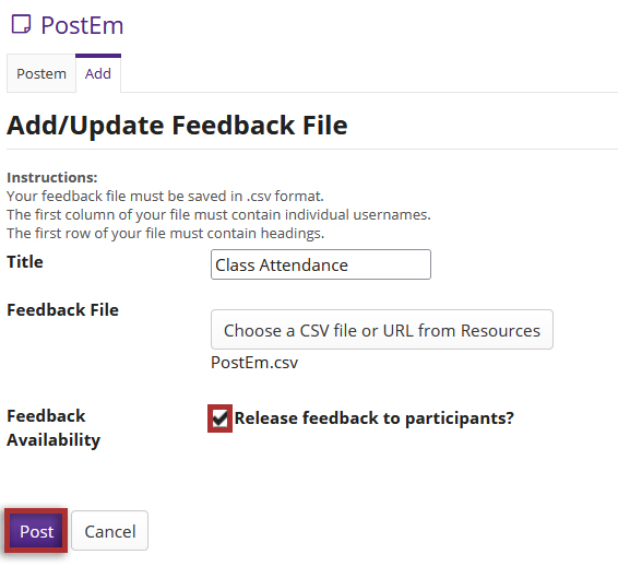Screenshot of the add/update file window with the release feedback button checked off and the post button highlighted.