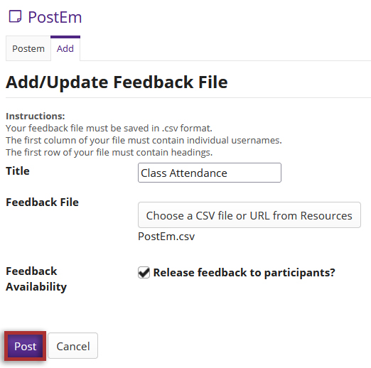 Screenshot of the add/update feedback file window with the post file from resources button highlighted.
