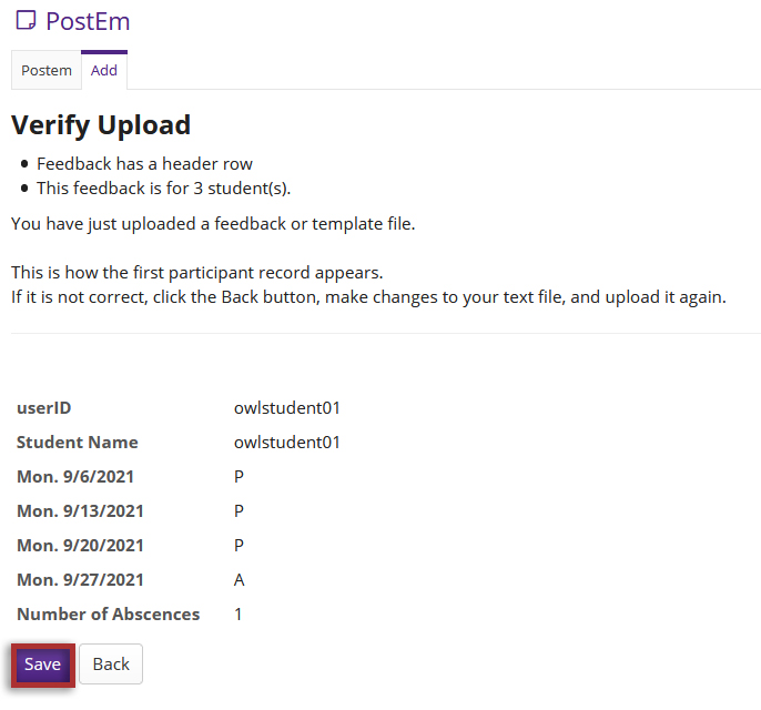 Screenshot of the verify upload screen with the save button highlighted.
