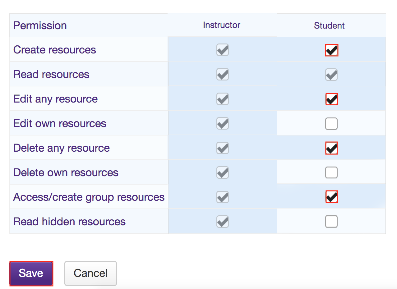 Modify student permissions and then Save.
