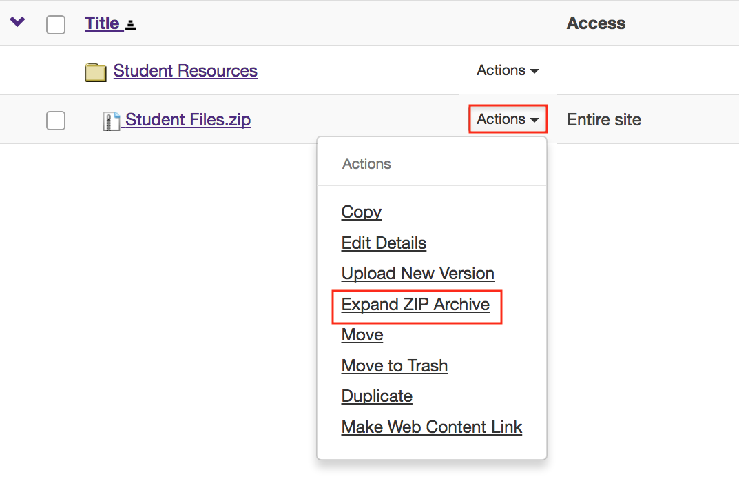 Click Actions, then Expand Zip Archive.