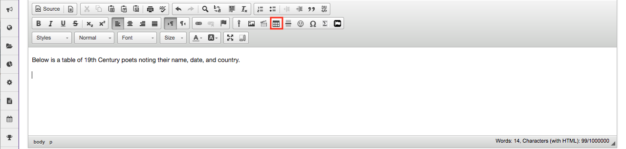 Screeshot of the Rich Text Editor with the Table button highlighted.
