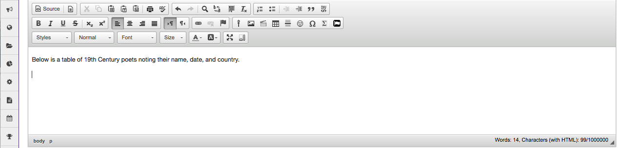 Screenshot of the Rich Text Editor with the cursor positioned in the far left of the text box.