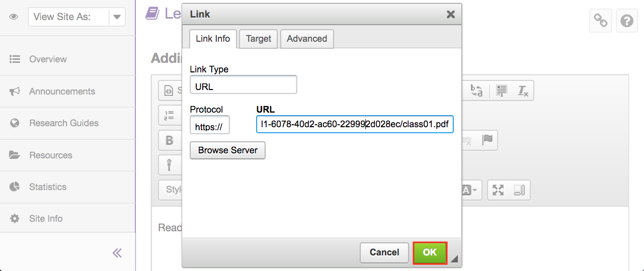 Screenshot of the link window with the OK button highlighted.