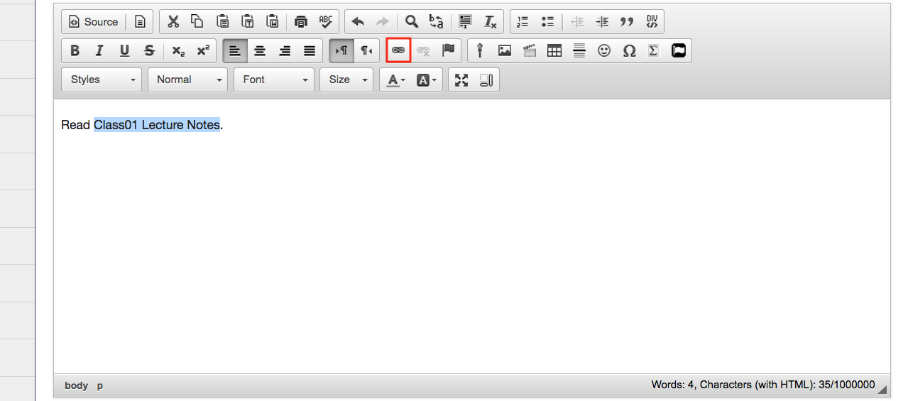 Screenshot of the toolbar with the link icon highlighted.