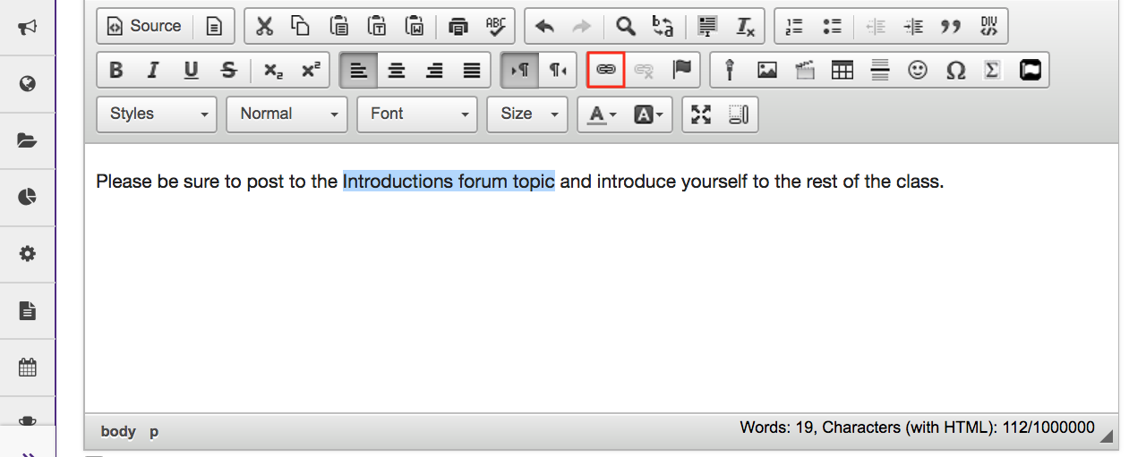 Screenshot of the Rich Text Editor with the link button in the toolbar highlighted.