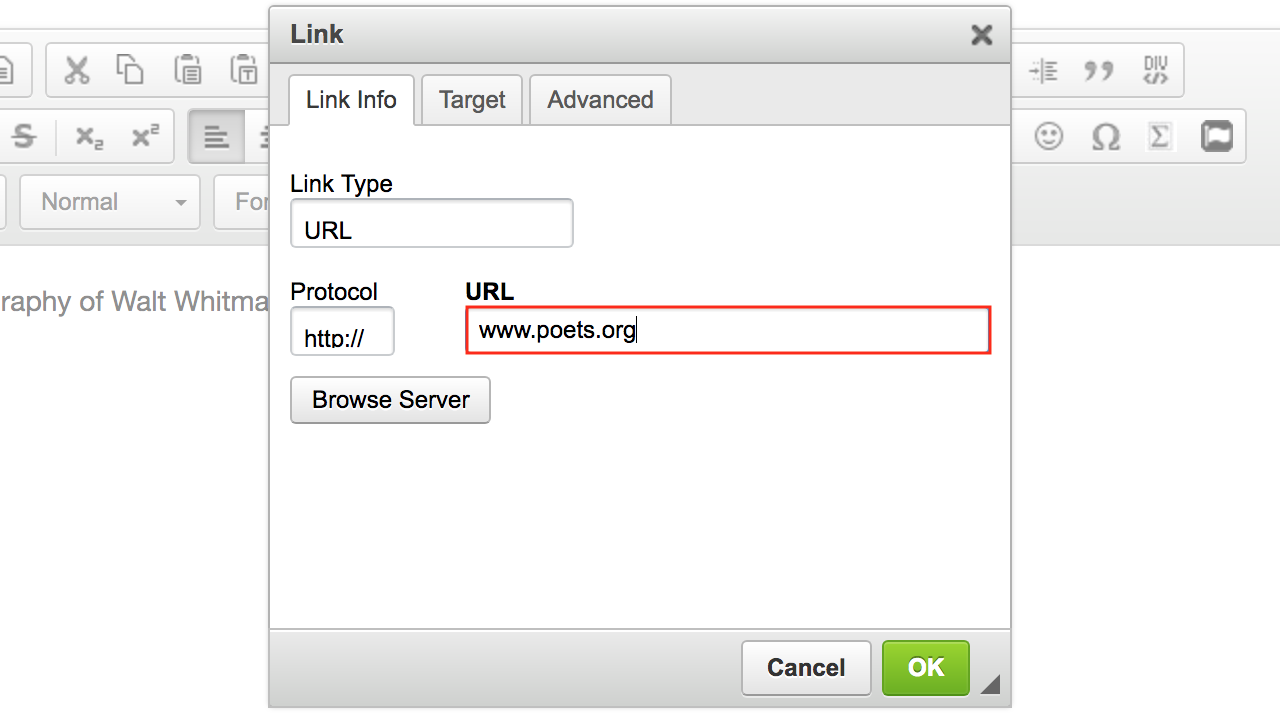 Screenshot of the link pop-up window with a URL entered in the URL field.