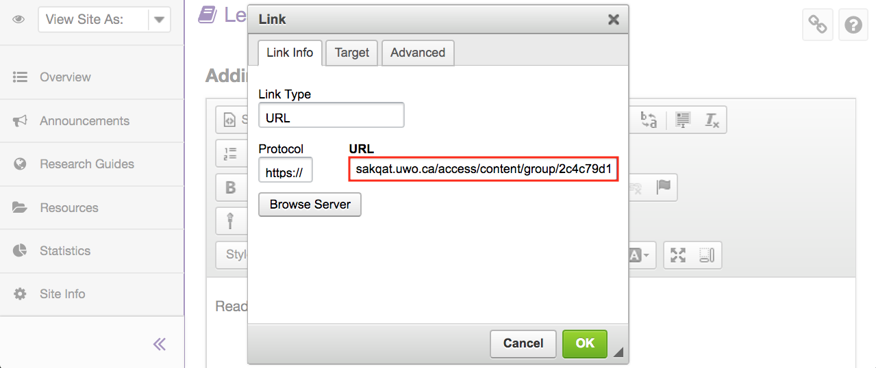 Screenshot of the selected URL pasted in the link window.