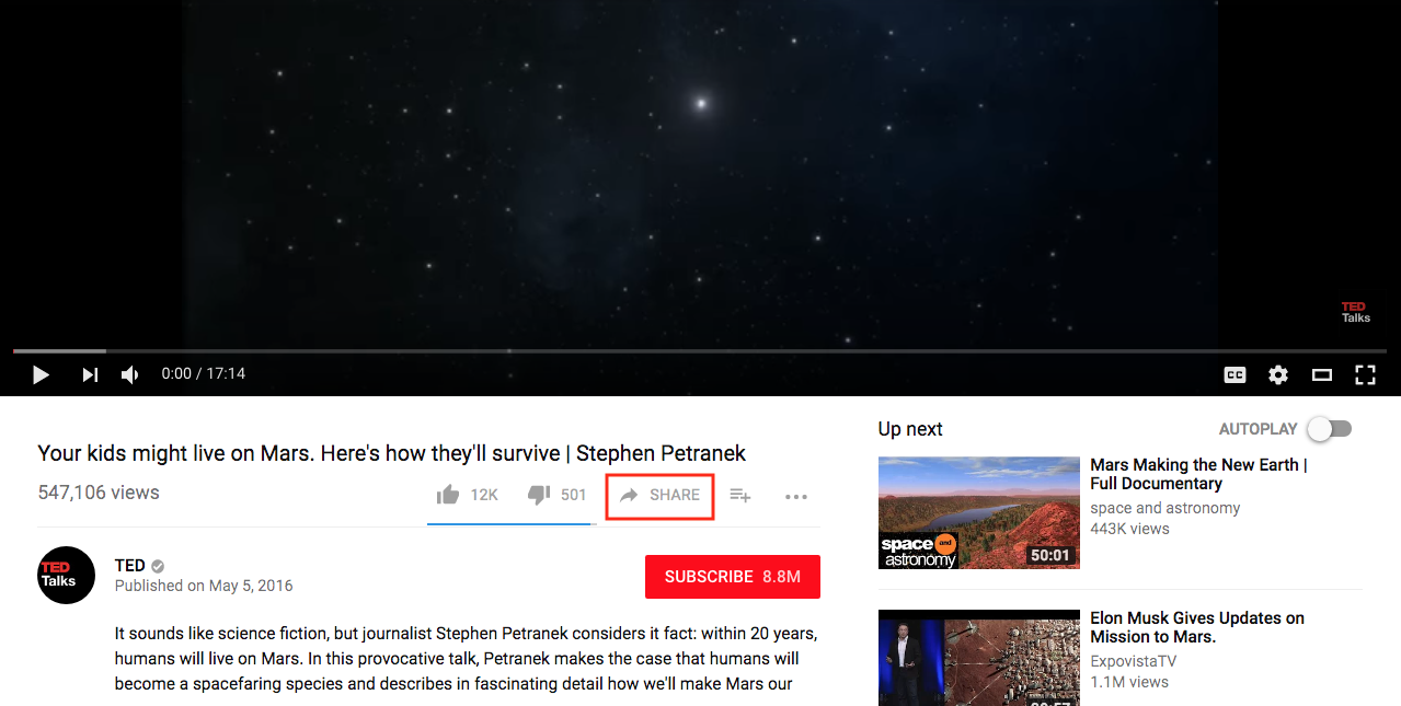 Screenshot of a youtube video with the share button highlighted.