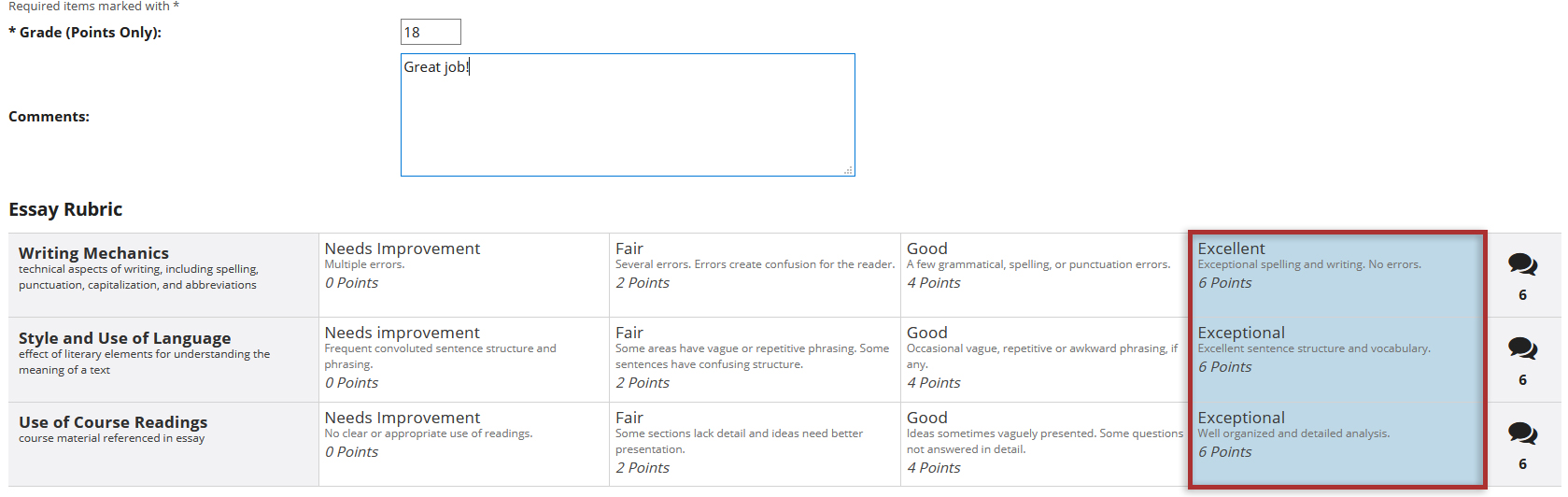 Screenshot of OWL Forums tool. Displays forum grading rubric and options.