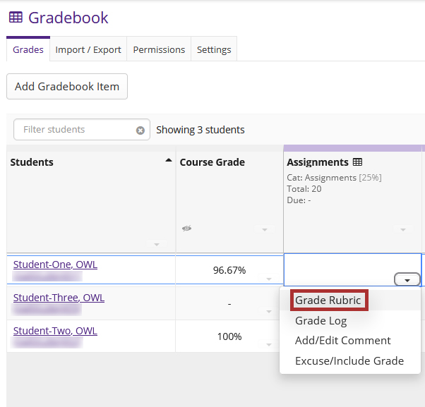 Screenshot of OWL Forums tool. Displays Gradebook view of student submissions.